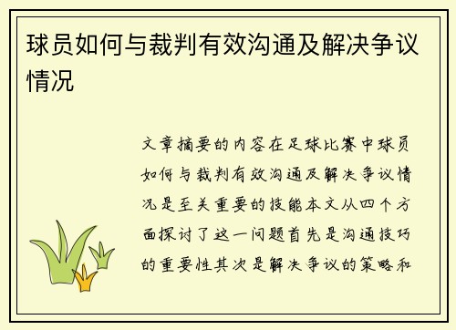 球员如何与裁判有效沟通及解决争议情况
